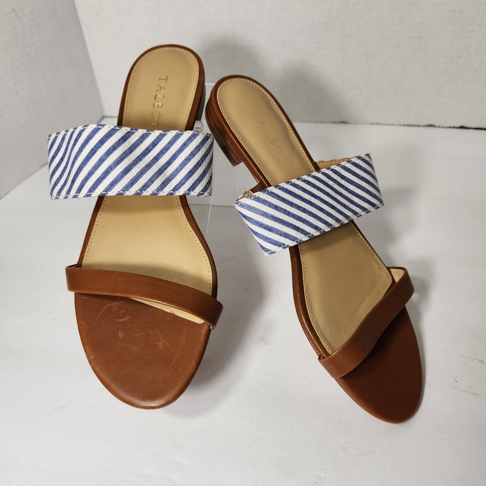 Talbots Keri Seersucker blue white brown sandals leather sandals size 8.5